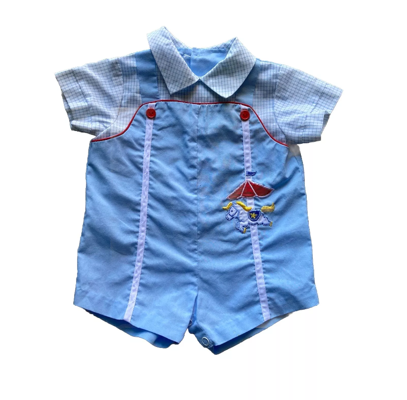 Vintage Baby Blue Romper Horse Embroidery 0-3 Months Unisex