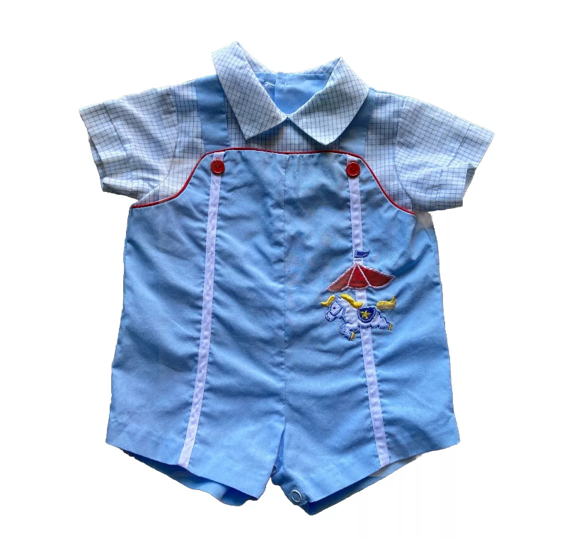 Vintage Baby Blue Romper Horse Embroidery 0-3 Months Unisex