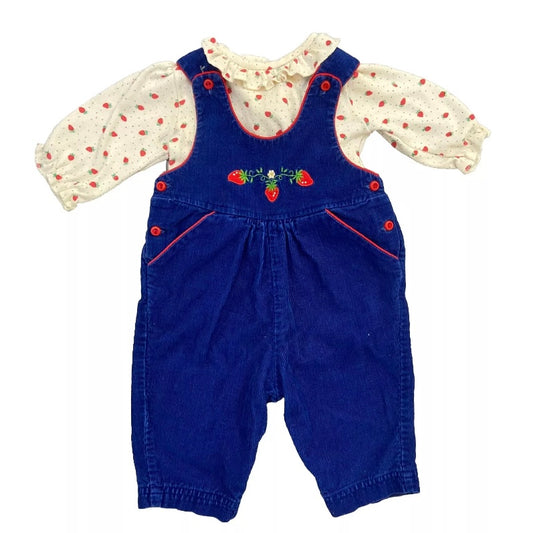 Vintage Baby Strawberry Embroidered Corduroy Overall With Matching Top Size 3-6 months