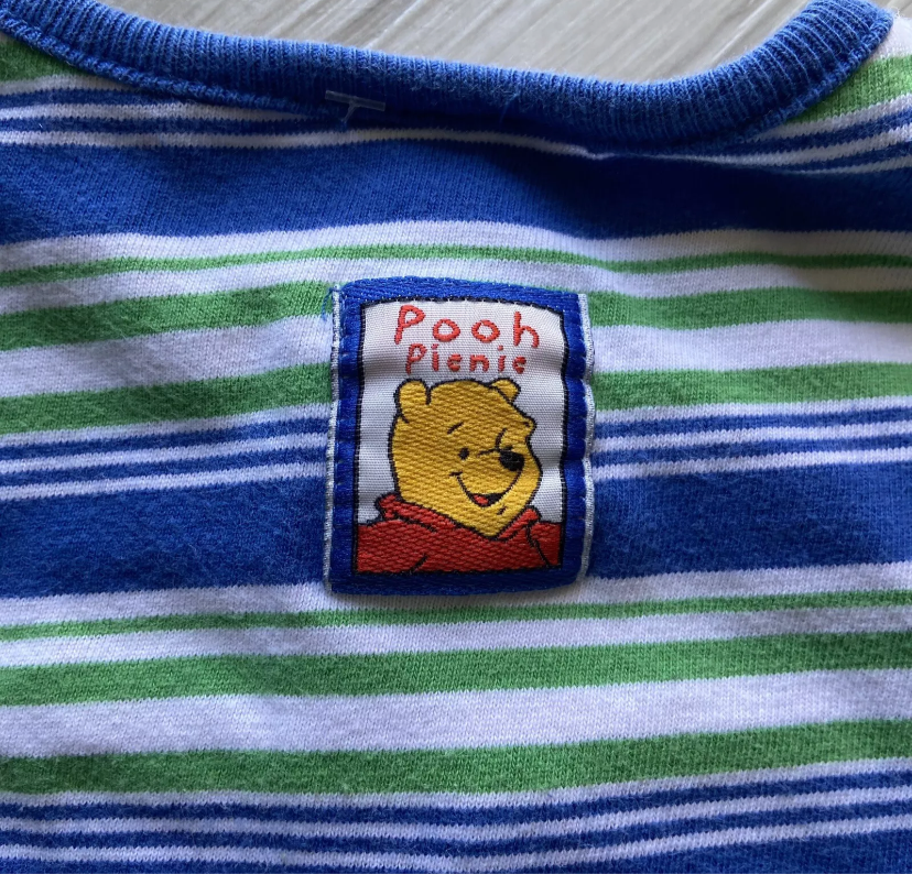 Vintage Baby Winnie The Pooh Embroidered Striped Shorts One Piece Romper Size 6 Months