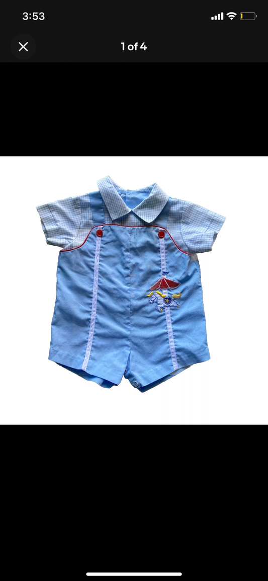 Vintage Baby Blue Romper Horse Embroidery 0-3 Months Unisex