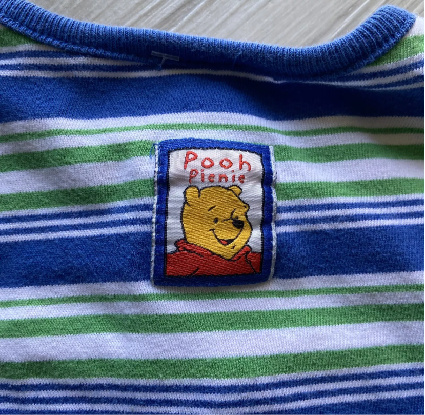 Vintage Baby Winnie The Pooh Embroidered Striped Shorts One Piece Romper Size 6 Months