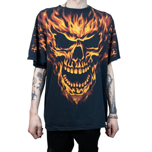 LIQUID BLUE SKELETON FLAME ALL OVER PRINT GRAPHIC PRINT T-SHIRT SIZE XL