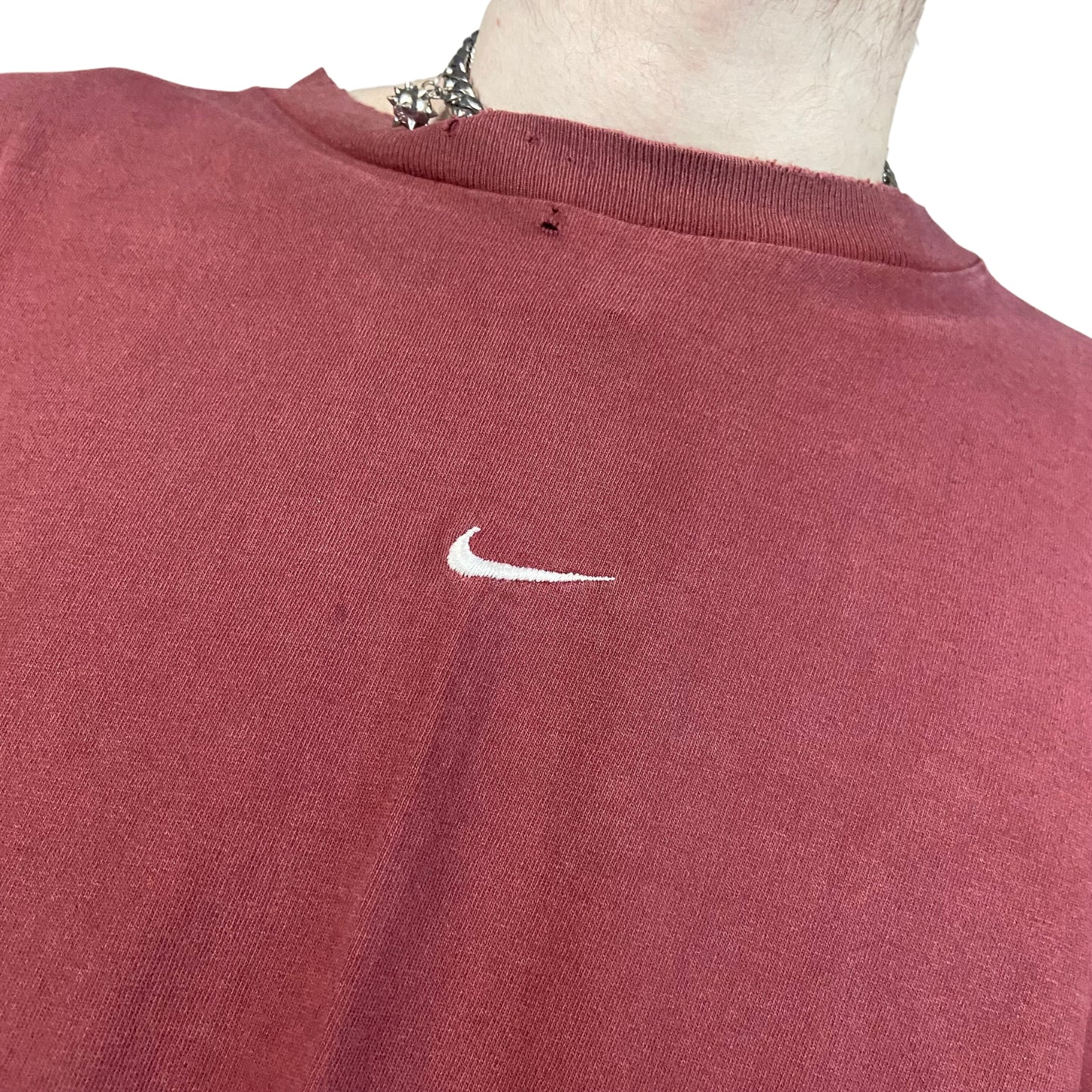 Vintage 90s Nike Center Swoosh T Shirt Check Long Sleeve Burgundy Embroidered L