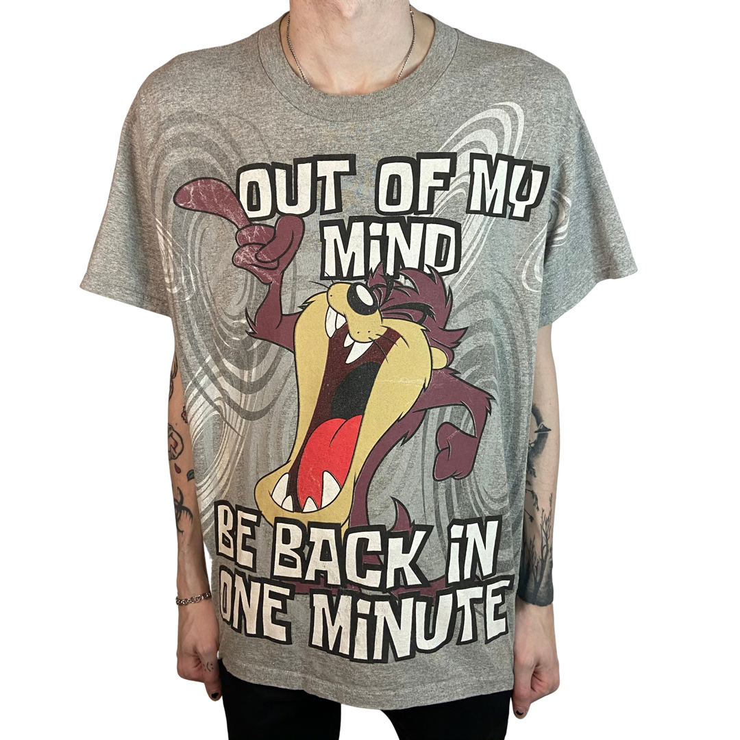 OUT OF MY MIND BE BACK IN ONE MINUTE LOONEY TUNES TAZ ALL OVER PRINT SIZE LARGE T-SHIRT