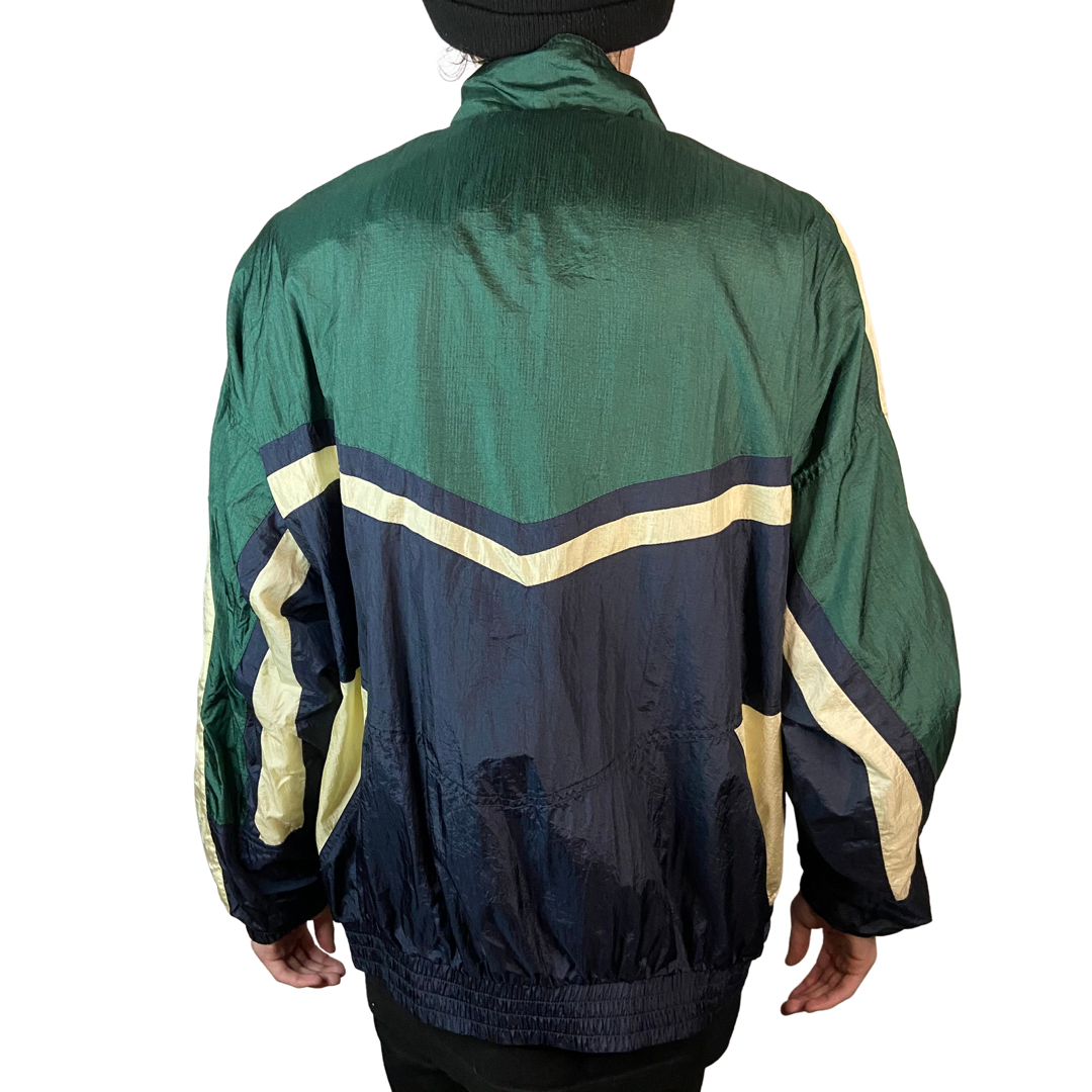 WILSON VINTAGE GREEN & NAVY FULL ZIPPER NYLON WINDBREAKER SIZE XL